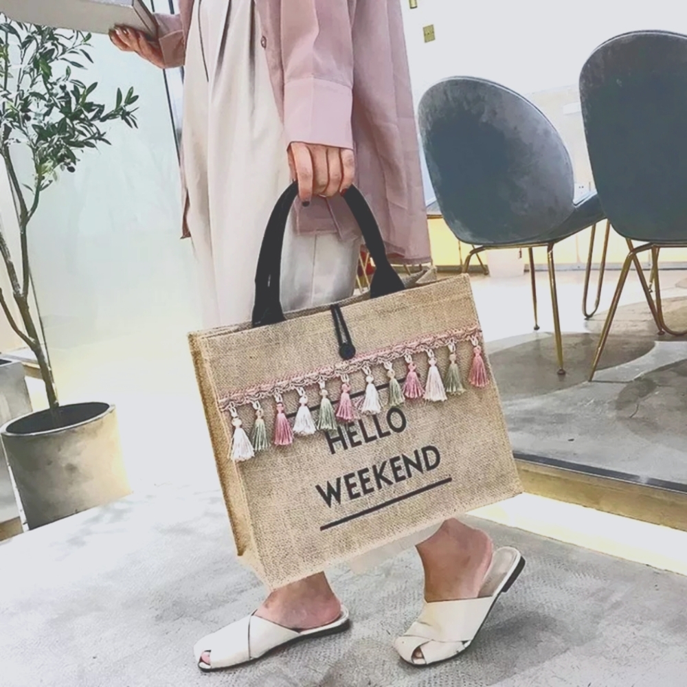 Hello Weekend Linen Look Tassled Canvas Tote Bag